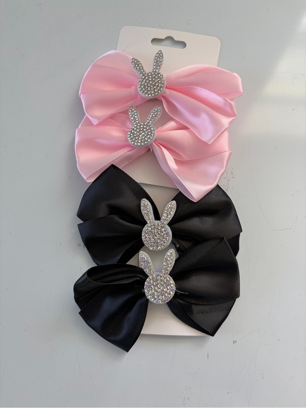Girls Satin Bow Hair Clips with Rhinestone Bunny Detail - Pink & Black